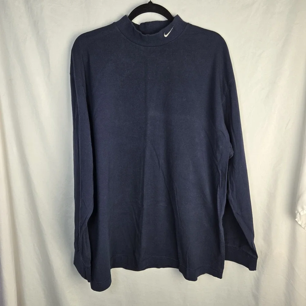 Nike Vintage Y2K Mock Neck Shirt Mens Large Navy Swoosh Logo Long Sleeve Sports